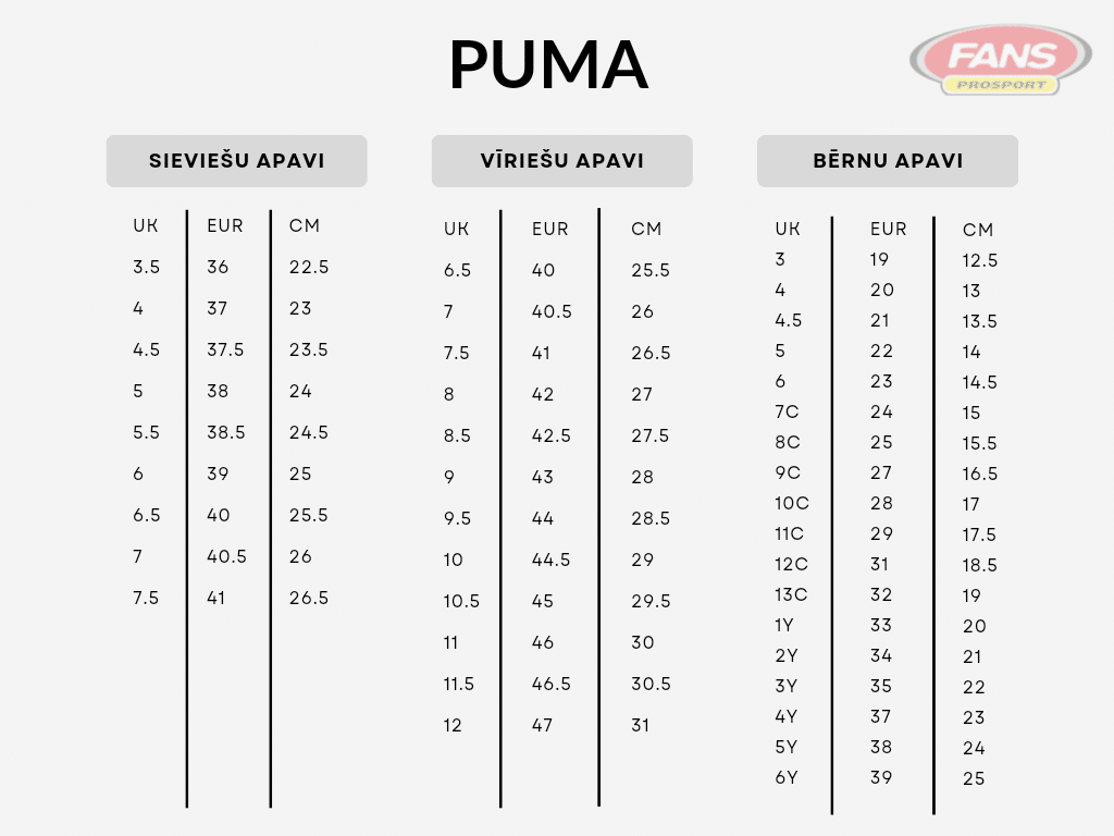 puma apavu izmēri
