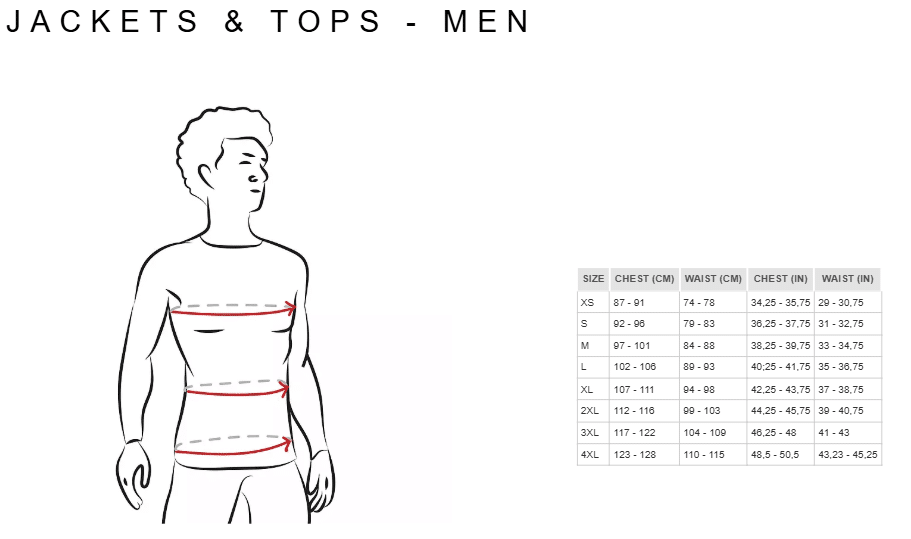 Rossignol jacket and top size chart men